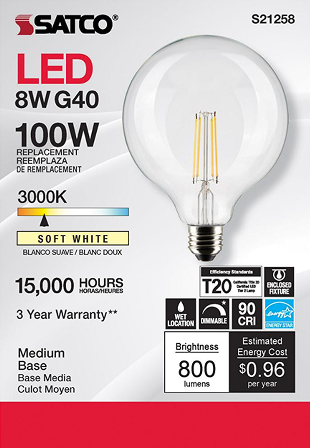 Clear G40 LED bulb with medium base, soft white 3000K light, 800 lumens, dimmable and energy-efficient for home lighting.