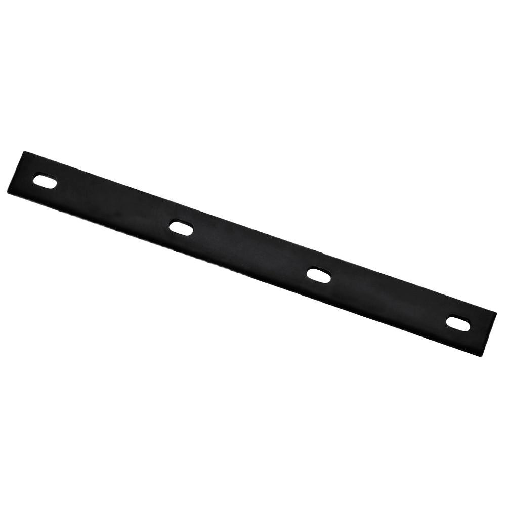 Black metal mending plate with four elongated holes for furniture repair in building hardware and lumber materials collections under $50