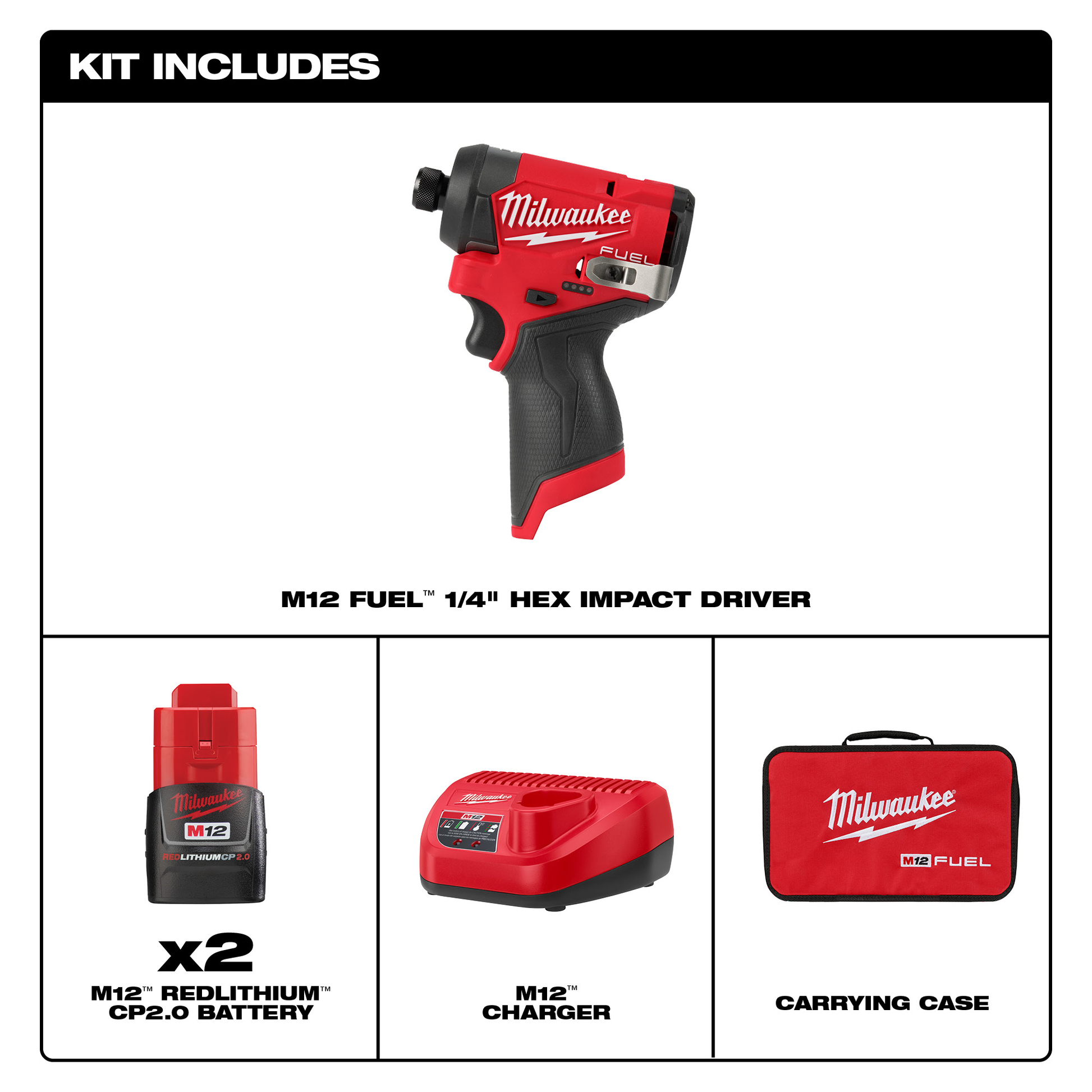Red and black compact hex impact driver with two batteries, charger, and branded carrying case for tools and home improvement tasks