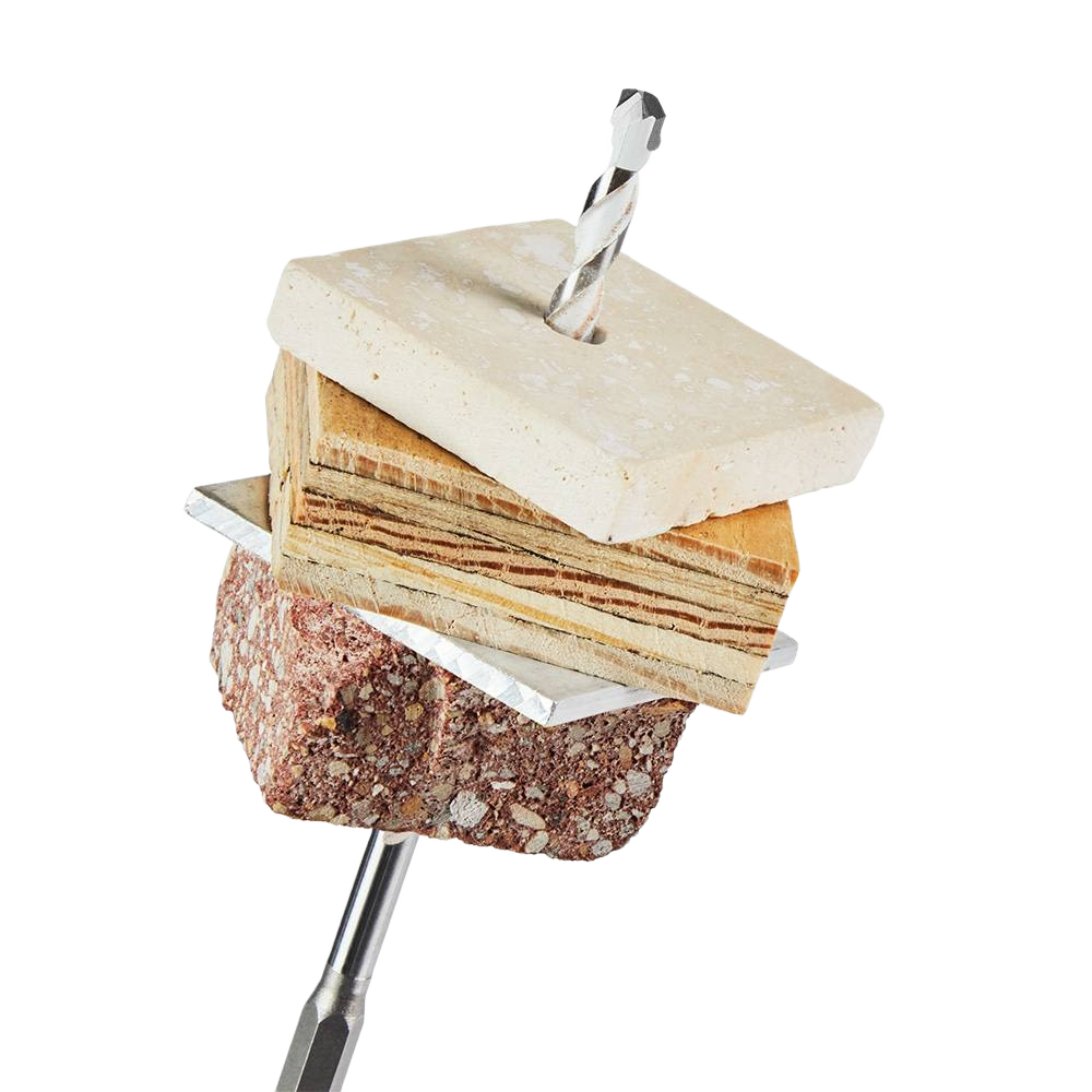Carbide multi-material drill bit penetrating tile, wood, and masonry layers for versatile home improvement tasks