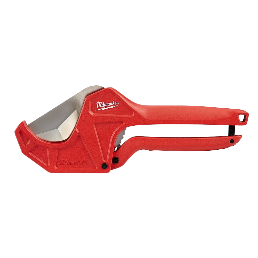 Red ratcheting pipe cutter with stainless steel blade for plumbing tools in home improvement and Milwaukee collections