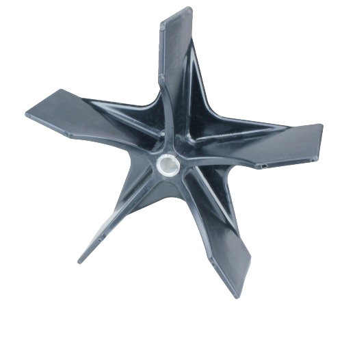 Black plastic blower fan blade with six angled fins and central metal hub for lawn and garden equipment