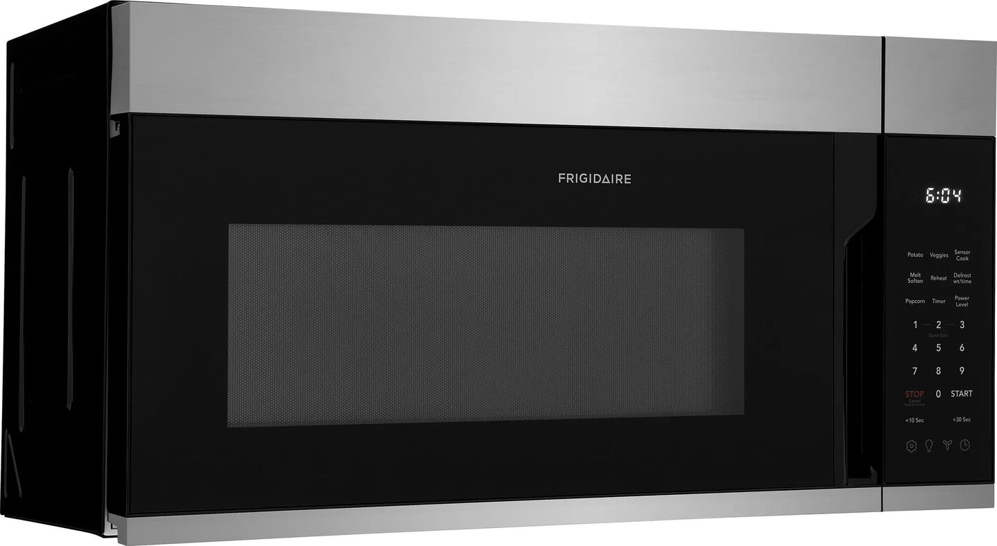 Black and stainless steel over-the-range microwave with digital touch control panel in kitchen appliance setting