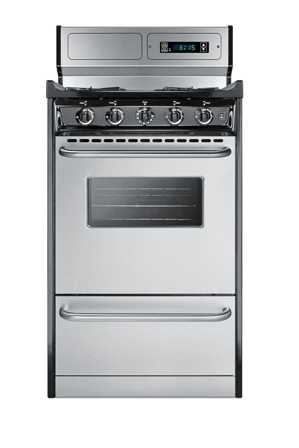 Stainless steel 20 inch gas range with open burners, digital clock, and oven window in kitchen appliances collection