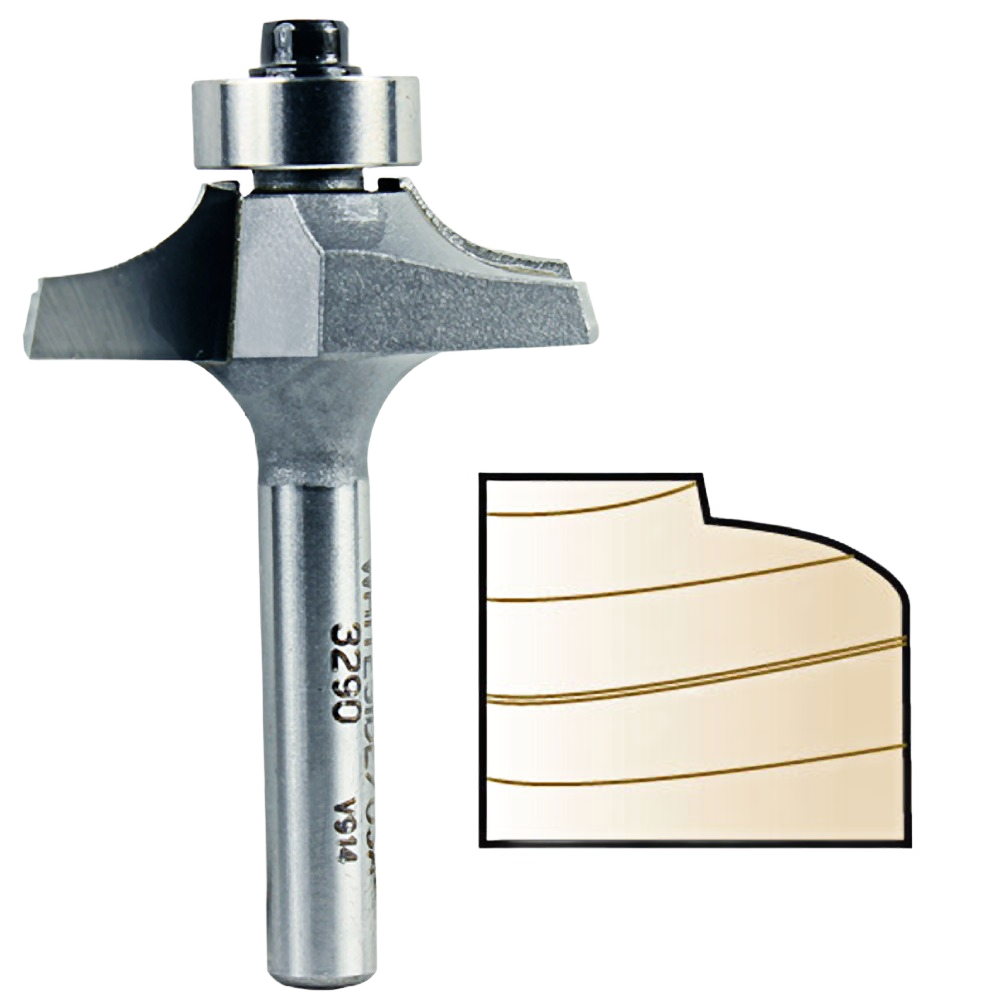 Router bit with bearing guide for creating classic thumbnail edges on wood surfaces in power tool accessories collection