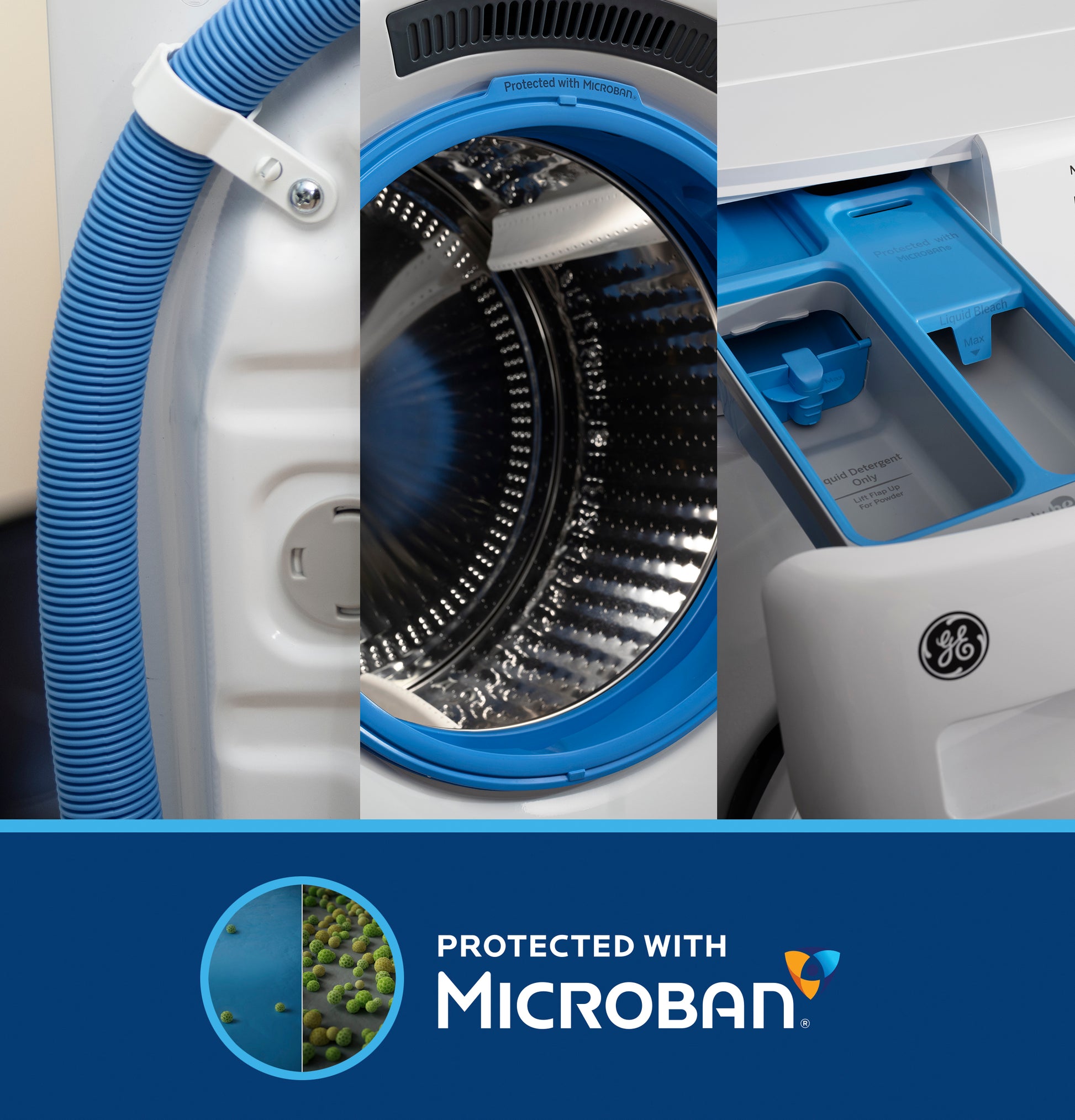 Close-up collage showing blue vent hose, stainless steel washer drum with blue seal, and detergent dispenser with GE logo in washers collection