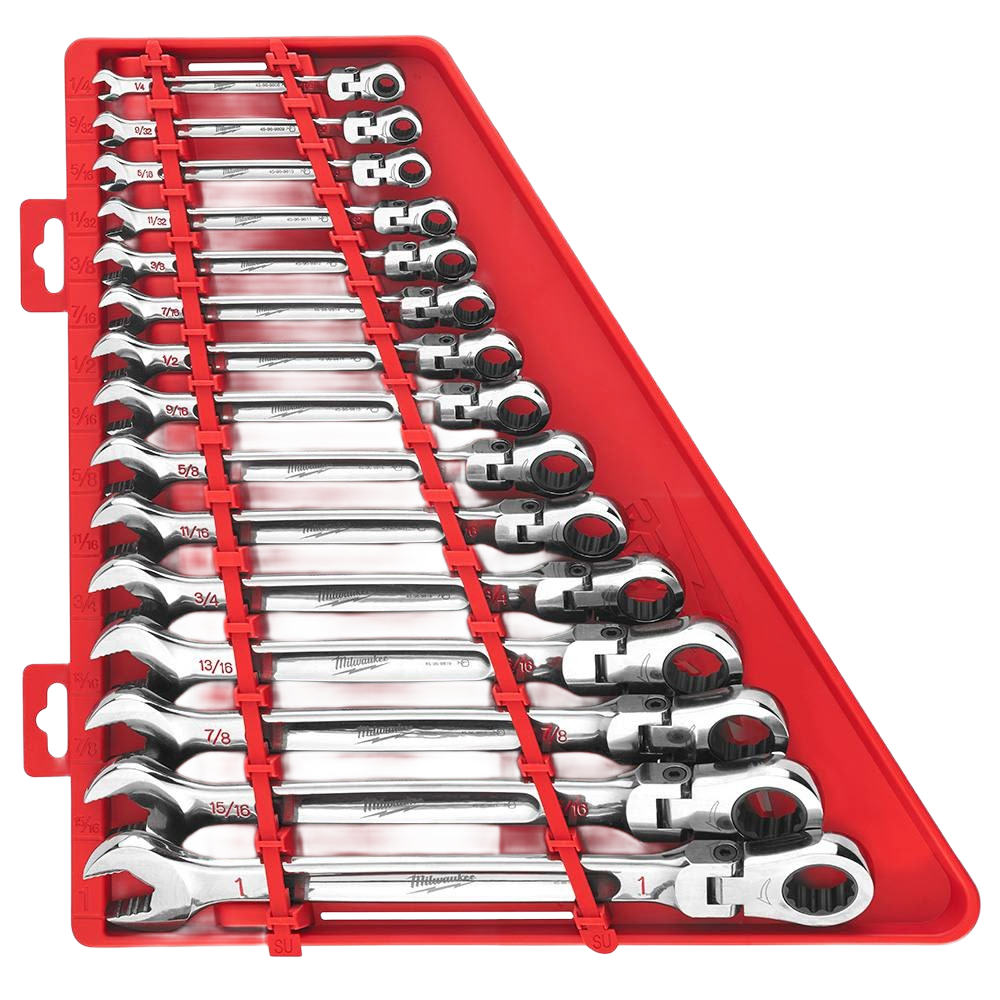 Set of polished flex head ratcheting combination wrenches organized in a red storage tray for tools and home improvement tasks