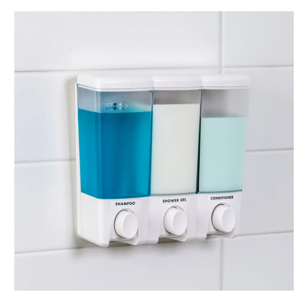 White triple compartment shower dispenser mounted on tiled wall for bathroom and safety collections under $50