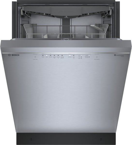 Front view of a 24-inch stainless steel built-in dishwasher with open door from Bosch Appliances collection