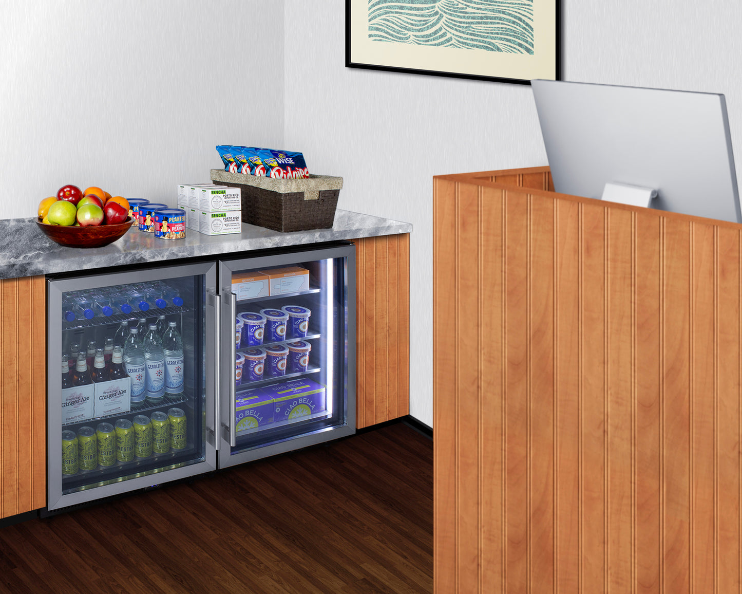 Undercounter commercial display freezer with dual glass doors and customizable wooden paneling in kitchen setting