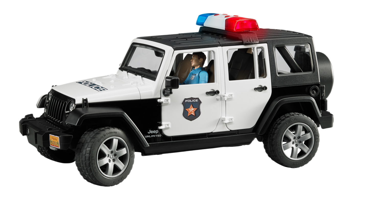 White and black toy Jeep Wrangler police vehicle with red and blue roof lights and seated policeman figure inside