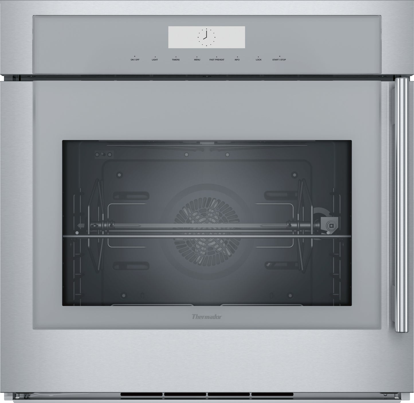 Stainless steel single wall oven with left side opening door and digital control panel in Thermador appliances collection