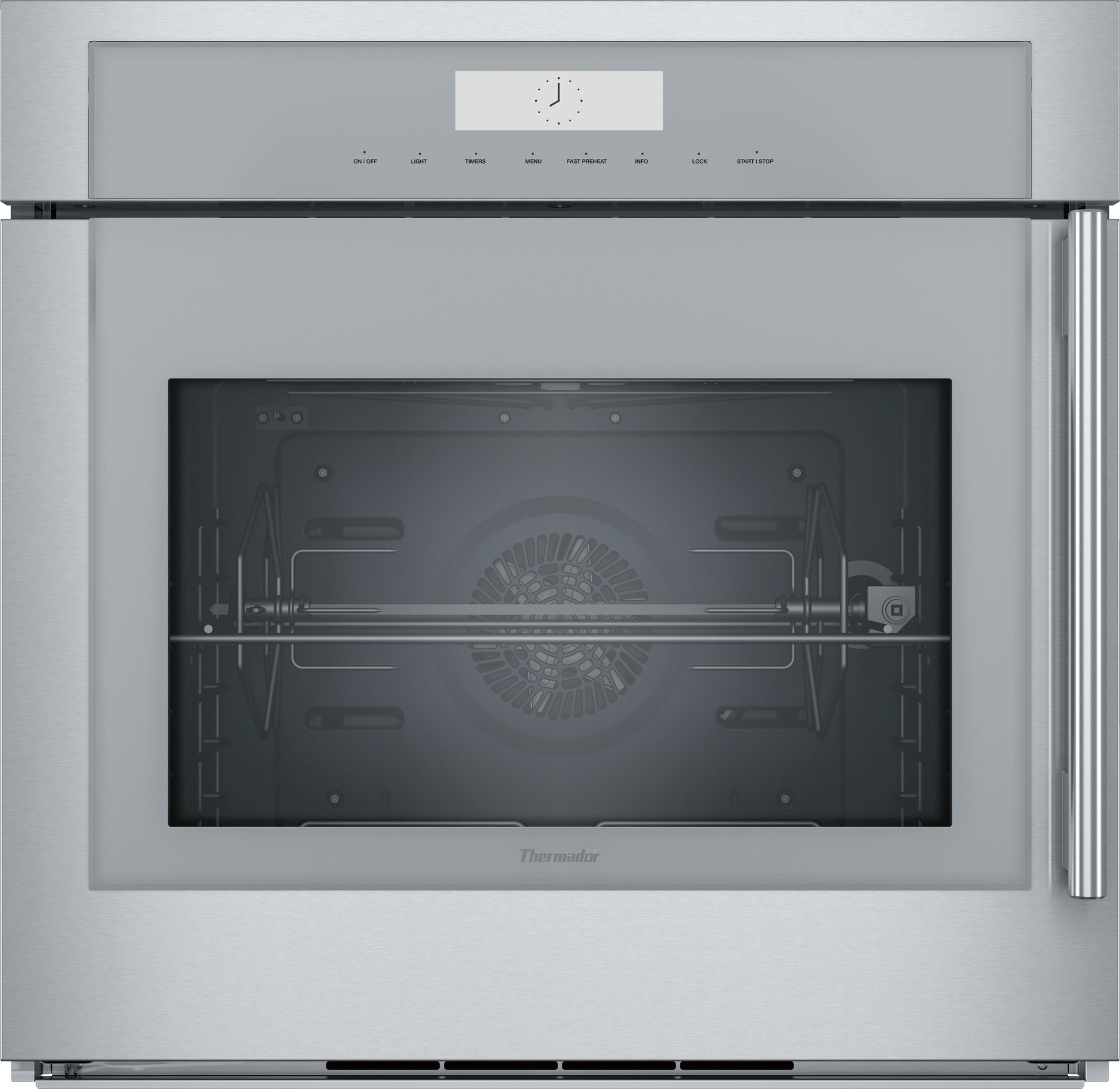 Stainless steel single wall oven with left side opening door and digital control panel in Thermador appliances collection