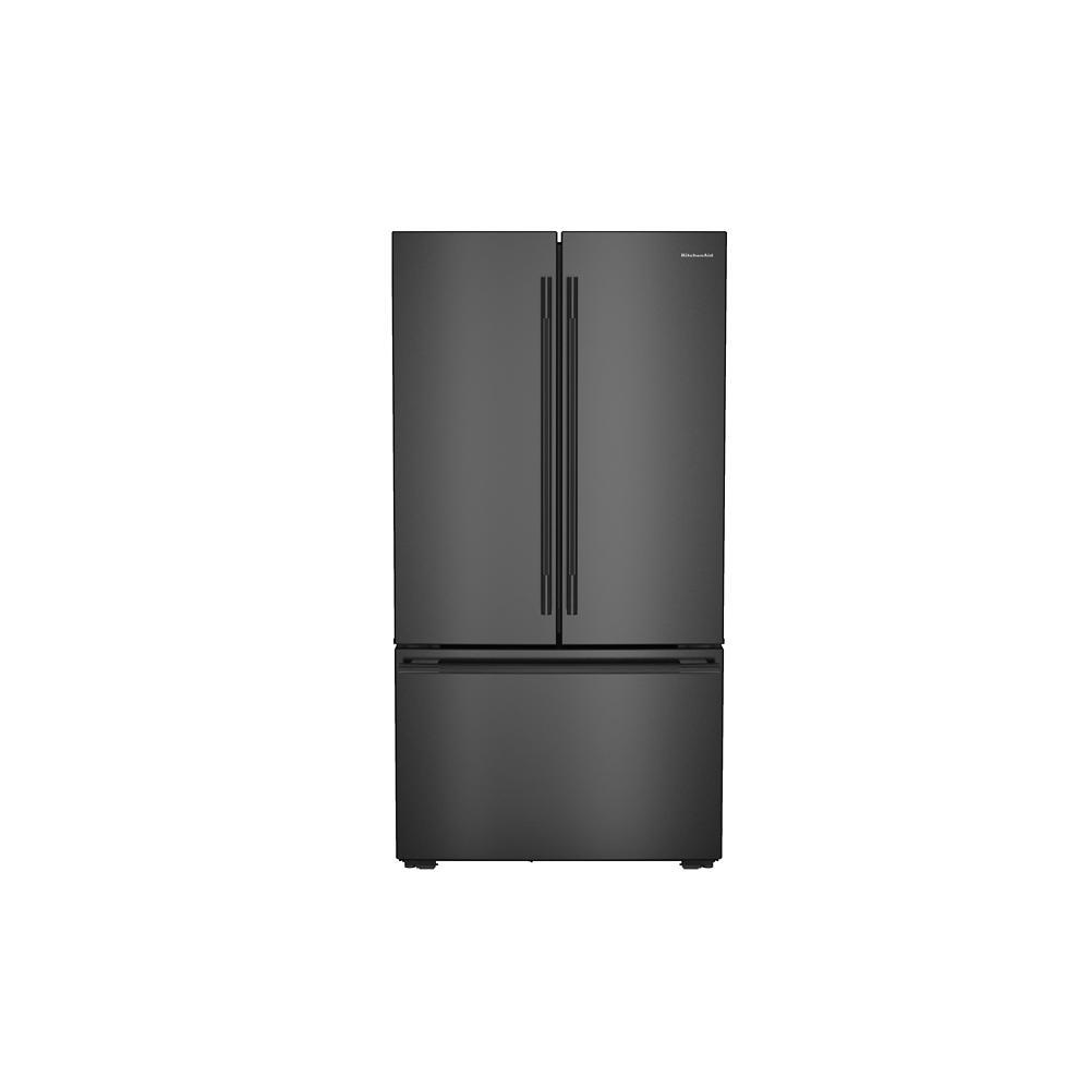 Matte black counter-depth French door refrigerator with bottom freezer, designed for kitchen appliance collections