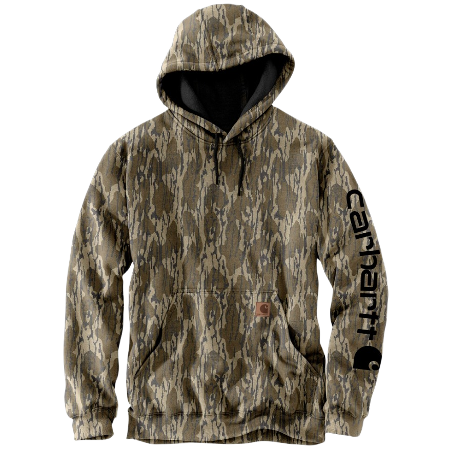 Men’s camouflage hooded sweatshirt with large front pocket and Carhartt branding on left sleeve