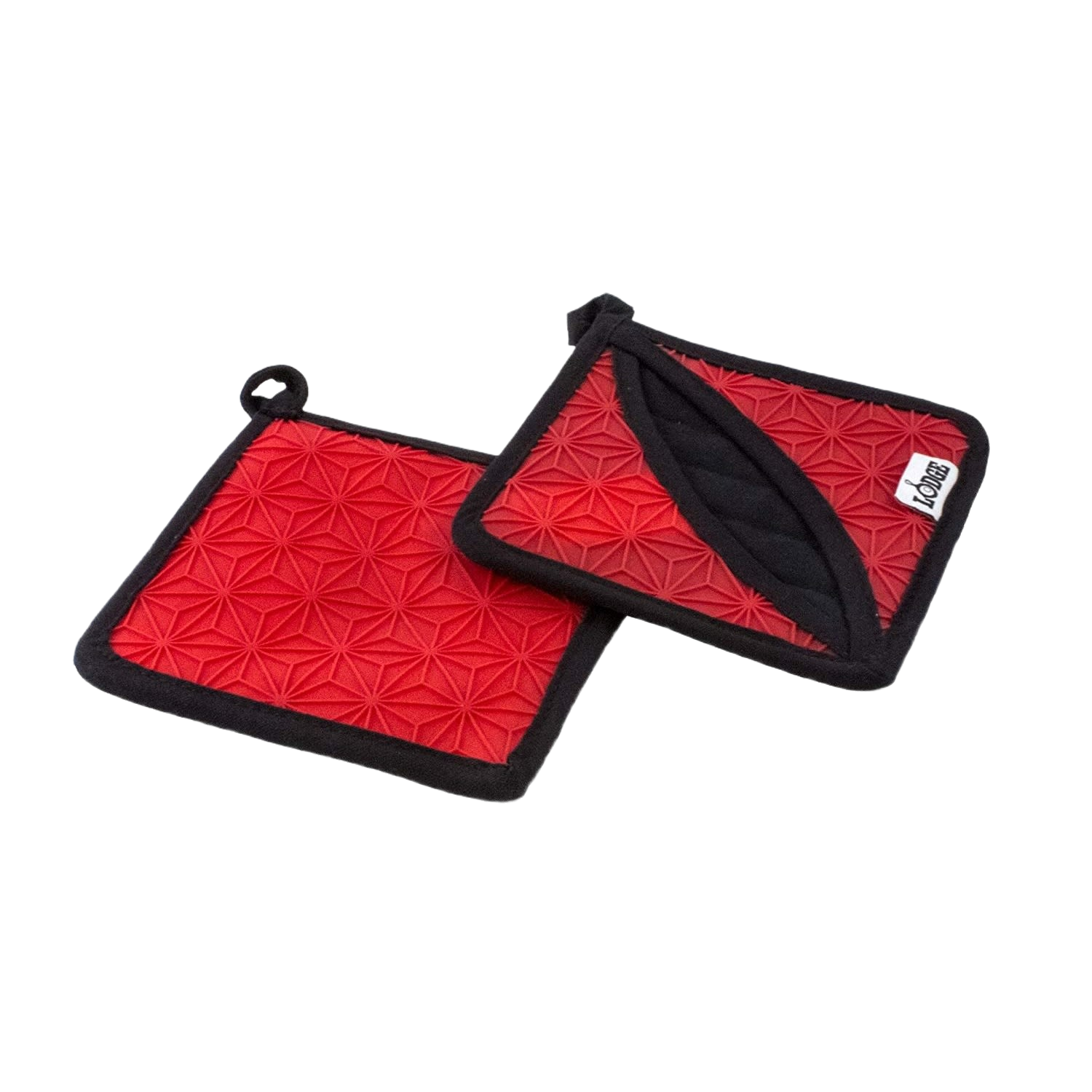 Set of red square silicone pot holders with textured surface and black fabric trim for kitchen use and home improvement tasks