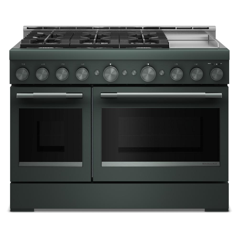 dark green commercial-style gas range with six burners, electric griddle, and dual ovens for kitchen use