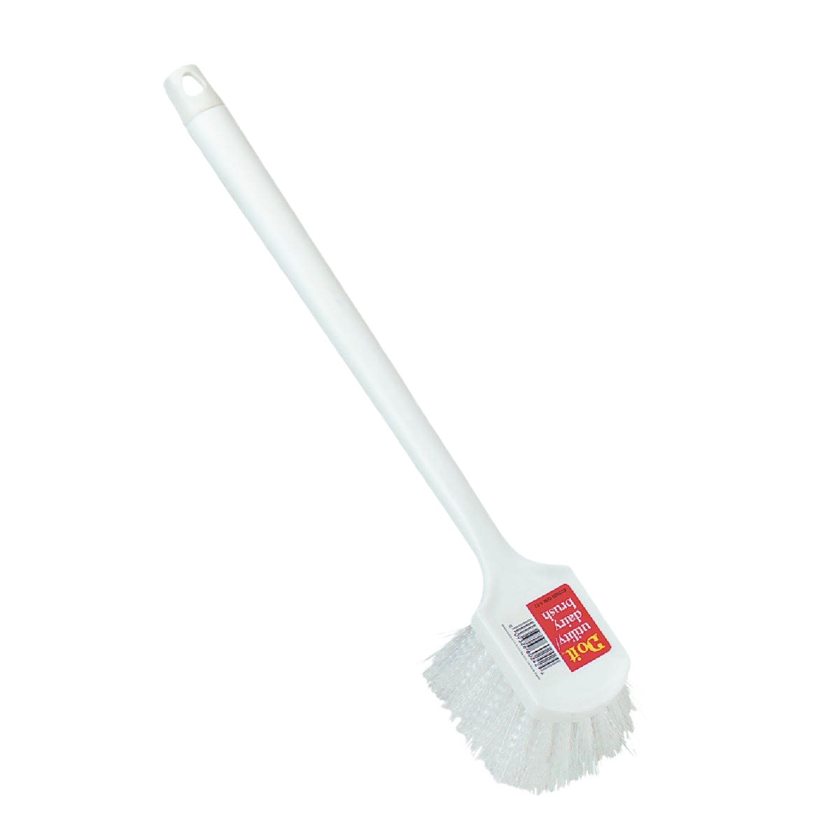 White plastic scrub brush with polypropylene bristles, ergonomic handle for cleaning tools and home improvement tasks