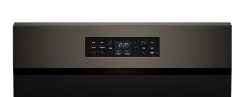 Close-up of black stainless steel gas range control panel with digital clock and touch buttons in kitchen appliance collection