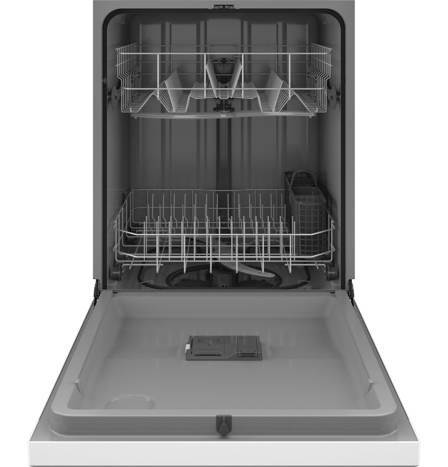 Open interior view of GE® dishwasher with front controls, showing racks and utensil basket in kitchen appliances collection