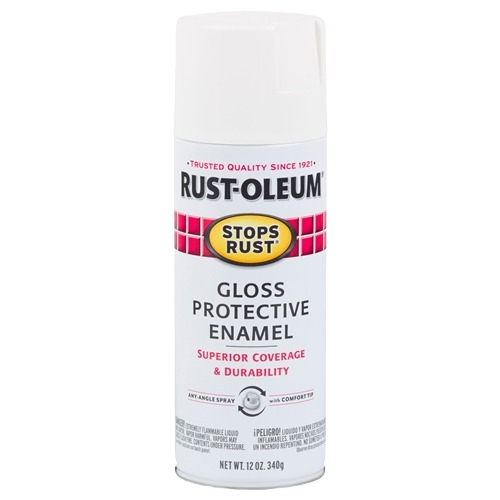 Can of white gloss protective enamel spray paint with Rust-Oleum branding for home improvement projects