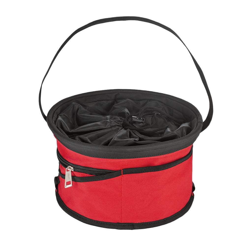 Red and black heavy-duty canvas organizer bag with nylon base and zippered exterior pocket for workshop tool storage under $100