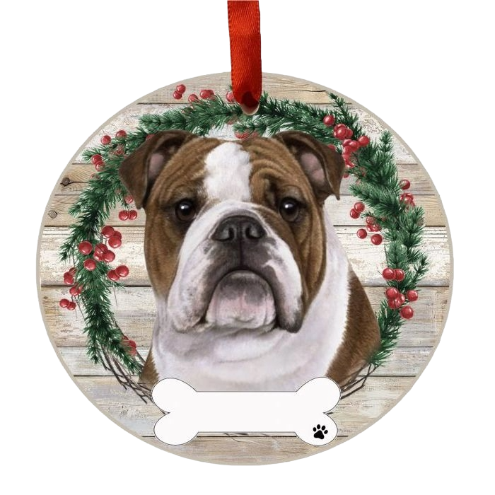 Round holiday ornament with a Bulldog face and festive wreath on rustic wood background from Christmas decorations collection