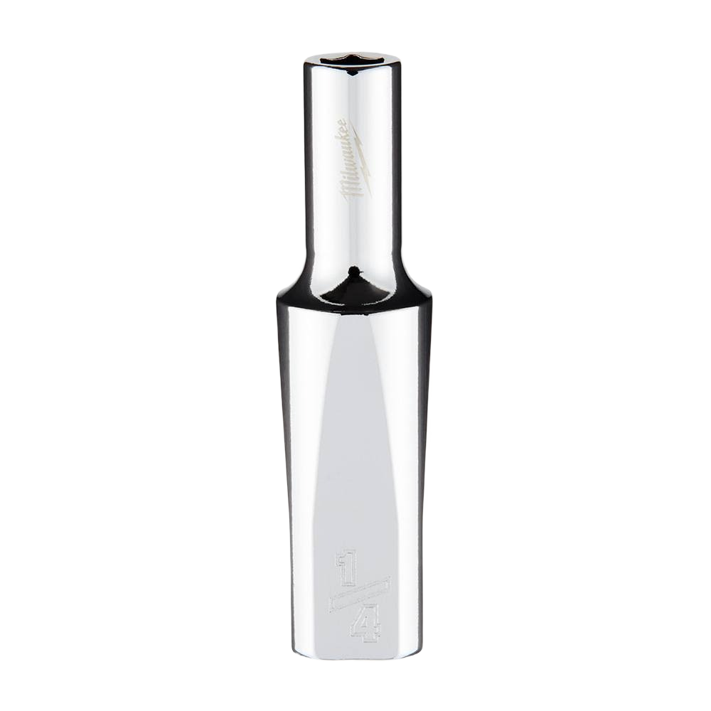 Chrome-finished 1/4" deep socket with four flat sides for wrench grip, part of Milwaukee hand tools and woodworking collections.