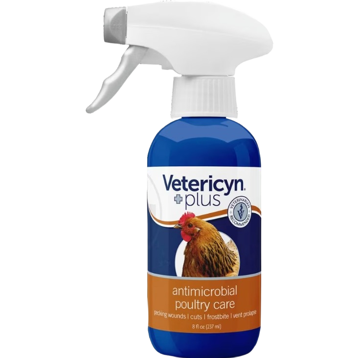 Blue spray bottle of antimicrobial poultry care solution with white trigger and poultry image on label for animal care