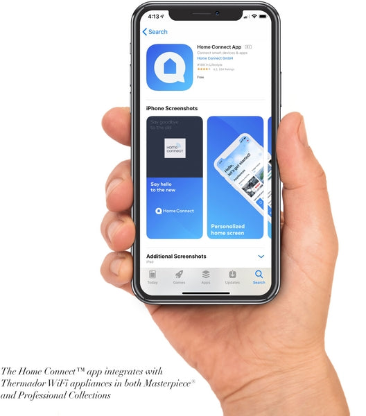 Hand holding smartphone displaying the Home Connect app for remote kitchen appliance control from Thermador collection
