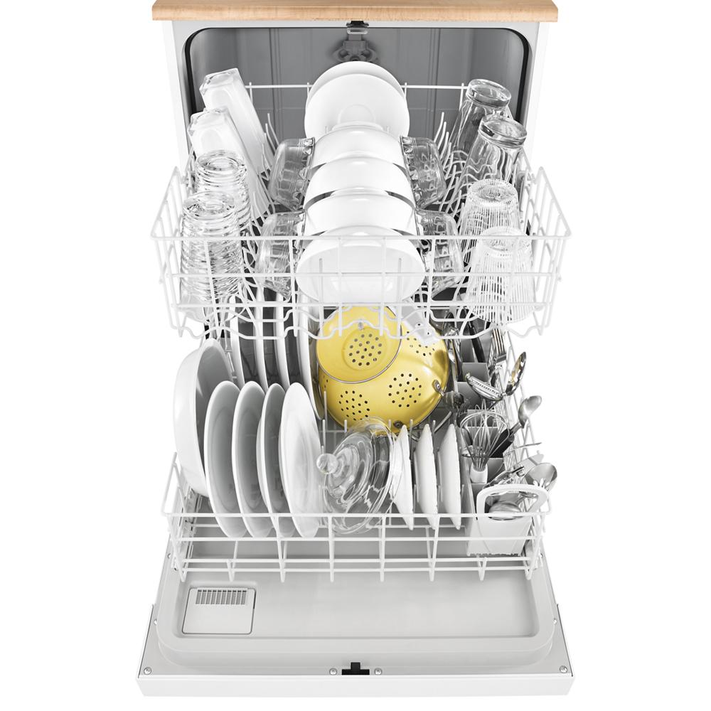 Open dishwasher loaded with clean white dishes, glasses, mugs, and yellow colander in kitchen appliances collection
