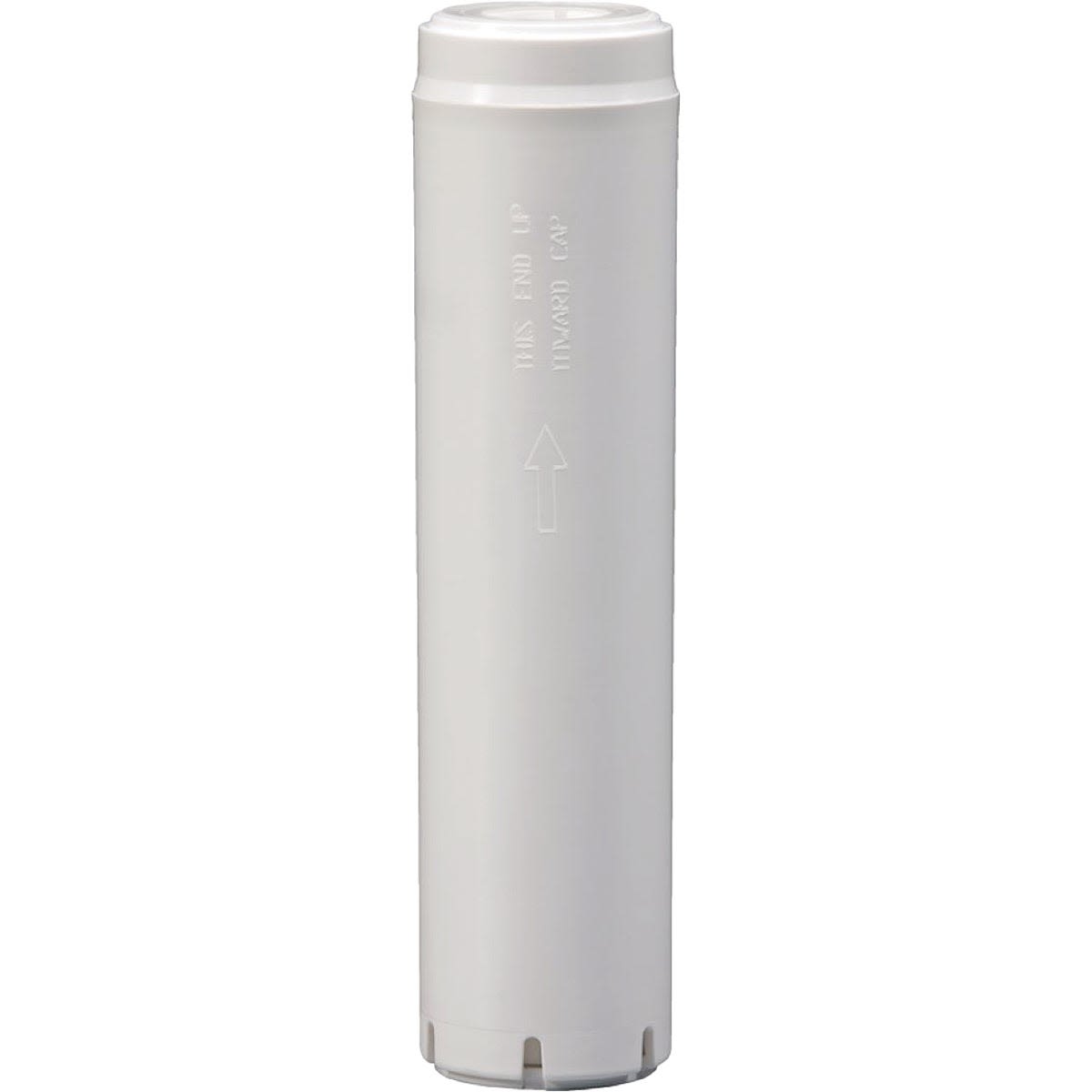 White cylindrical water filter cartridge with directional arrow for under sink home improvement use
