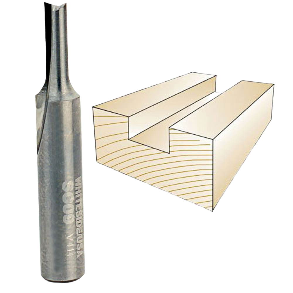 Solid carbide straight bit next to a wood groove example for precise cutting in power tool accessories collection