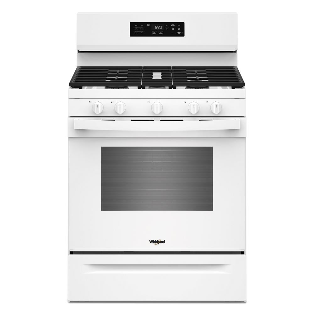 White 30-inch gas range with black grates, control knobs, and digital display in ranges and kitchenware collection