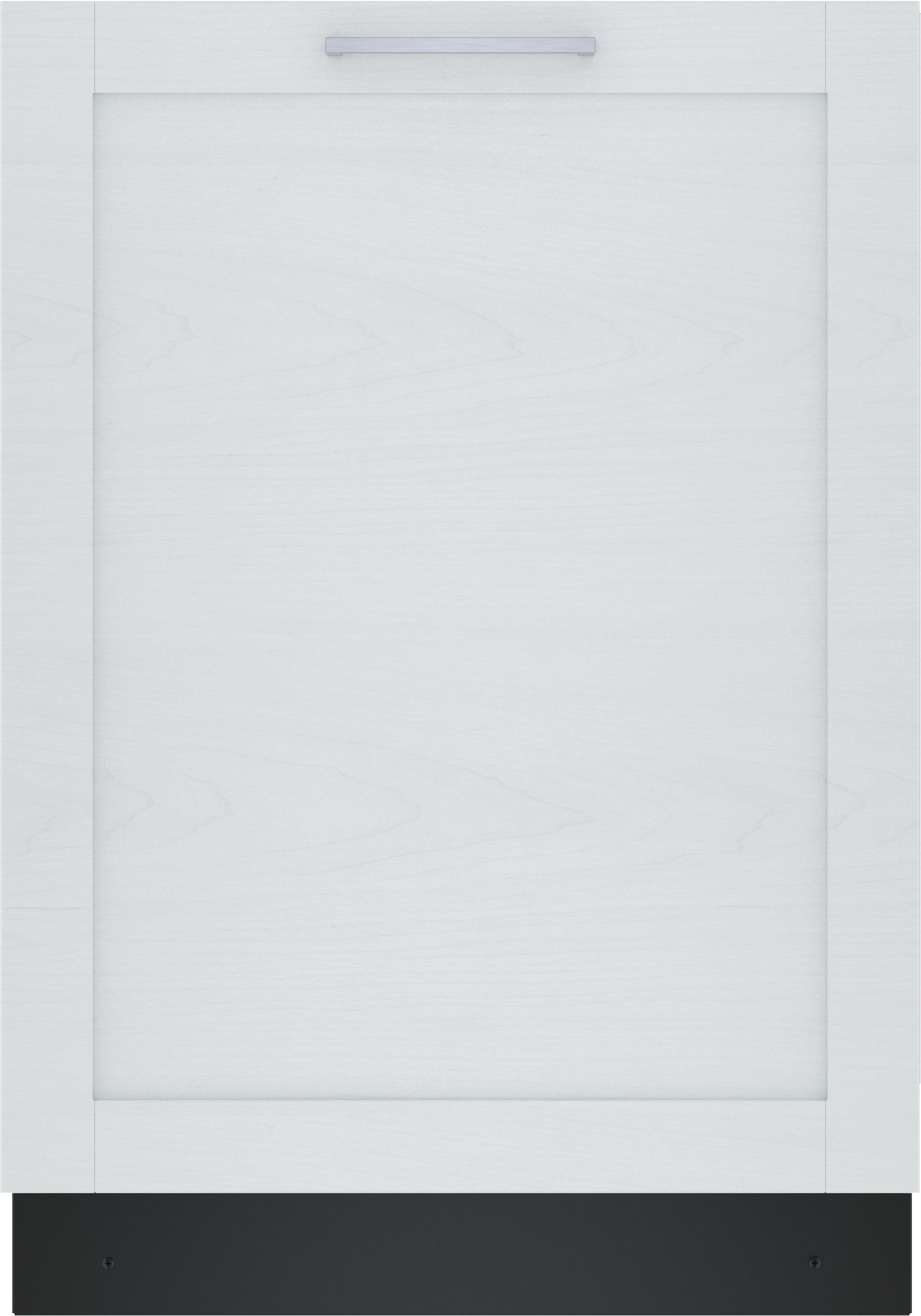 Integrated 24-inch dishwasher with white wood panel door and sleek handle from Bosch appliances collection