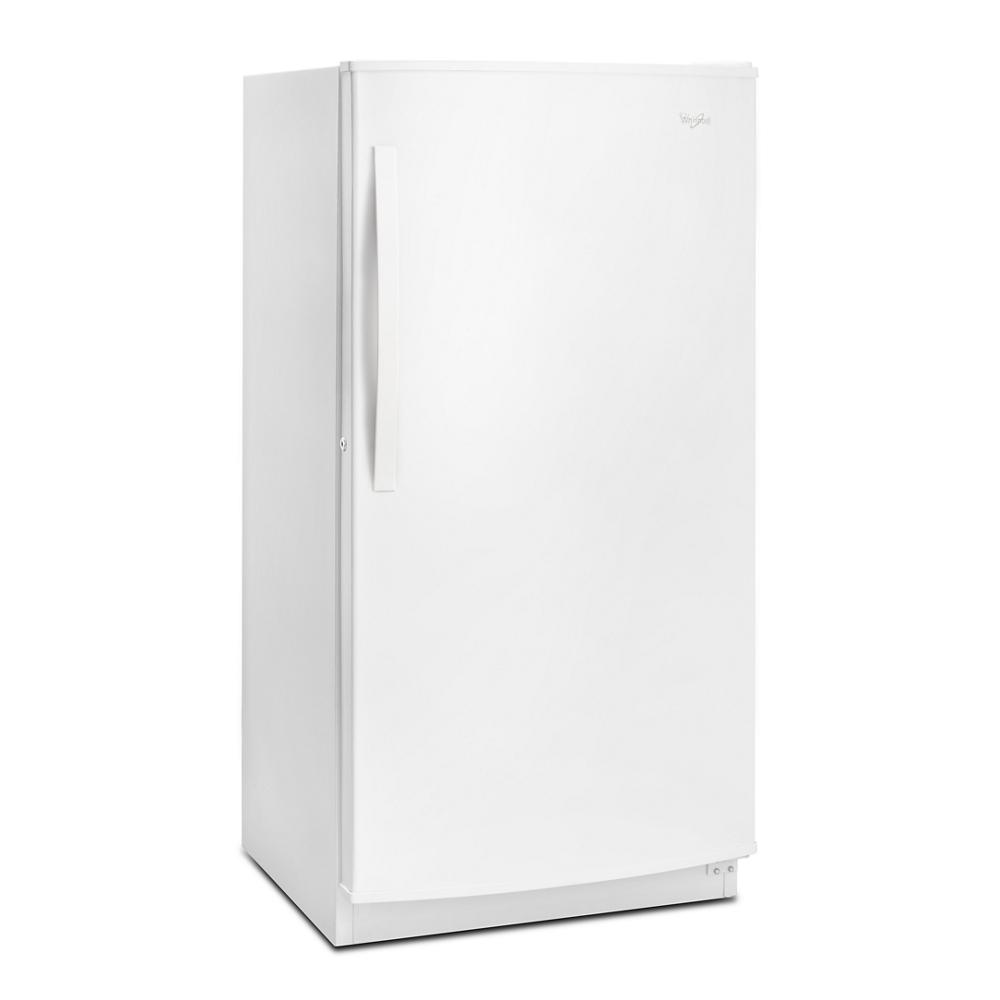 Tall white upright freezer with vertical handle and subtle Whirlpool logo in freezers and kitchenware collection