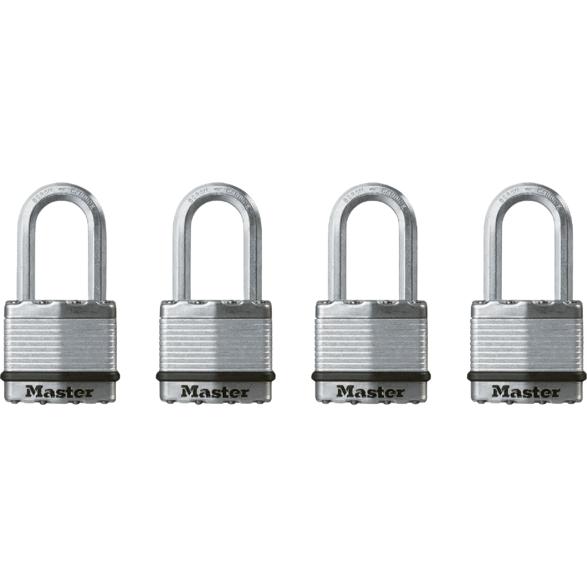 Set of four silver keyed alike Magnum padlocks with solid metal bodies for secure home and tool protection