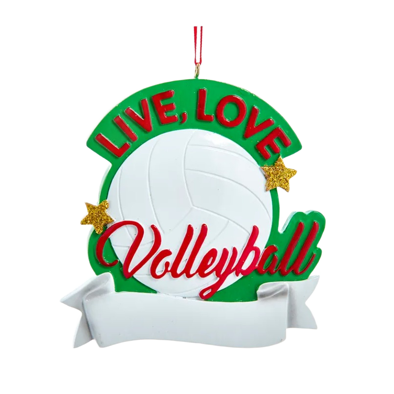Green and white volleyball Christmas ornament with red "Live, Love Volleyball" text and gold star accents for tree decor