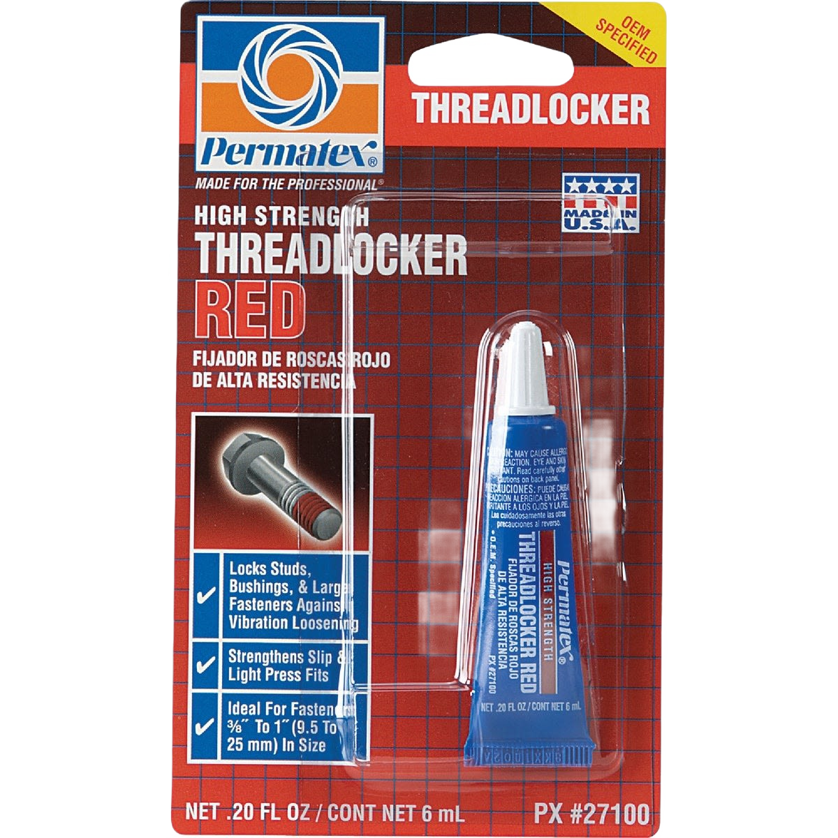 Permatex high-strength red threadlocker tube in sealed packaging for secure fastening in home improvement tools collections