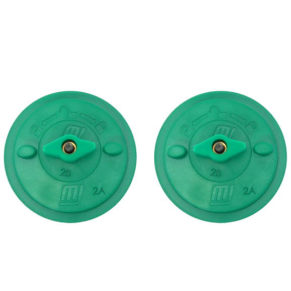 Two green round plastic adjustment knobs with central brass inserts for tool accessories in home improvement use