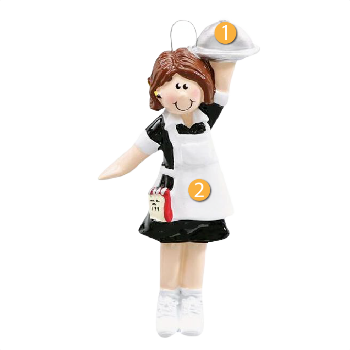 Whimsical waitress ornament in black and white uniform holding tray, part of Christmas Ornaments & Tree Decorations under $50 collection