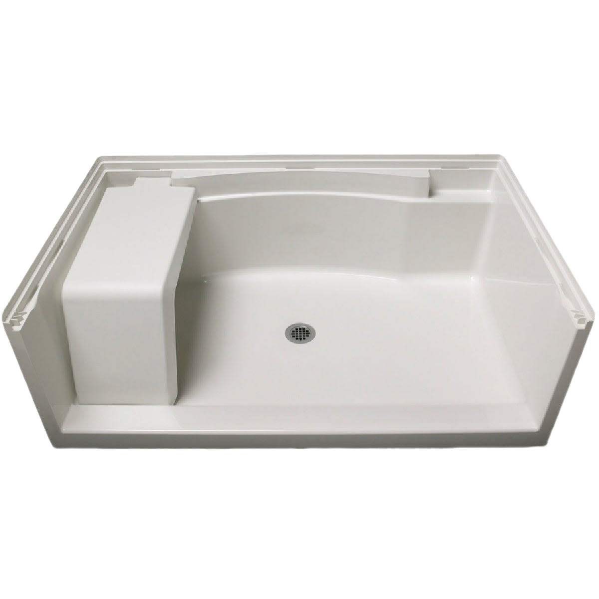 White Vikrell shower floor and base with built-in seat for bathroom and shower remodeling projects