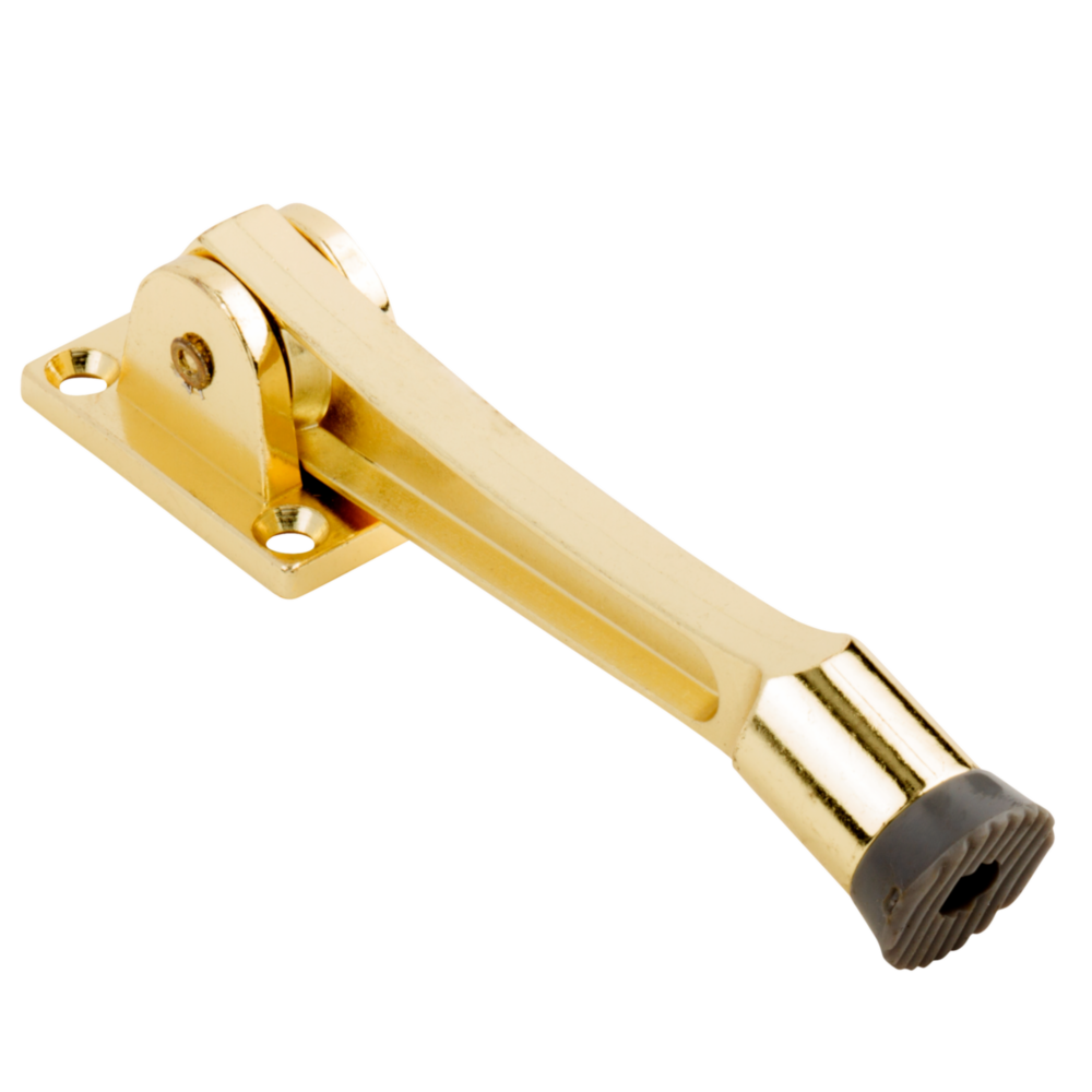 Brass kickdown door stop with spring lock mechanism and rubber tip for secure door hold in home improvement projects