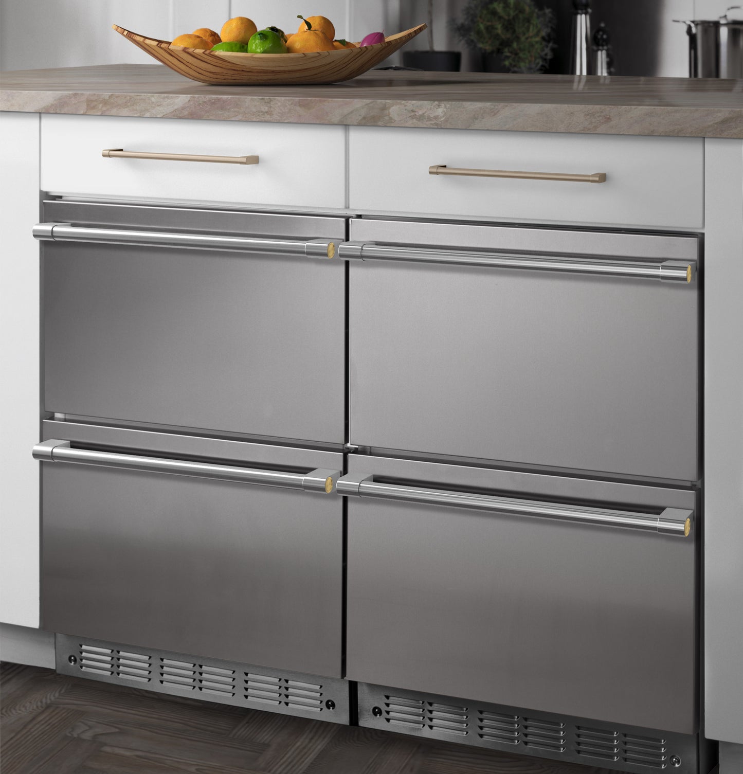 Built-in stainless steel double-drawer refrigerator integrated under countertop in kitchen appliances collection