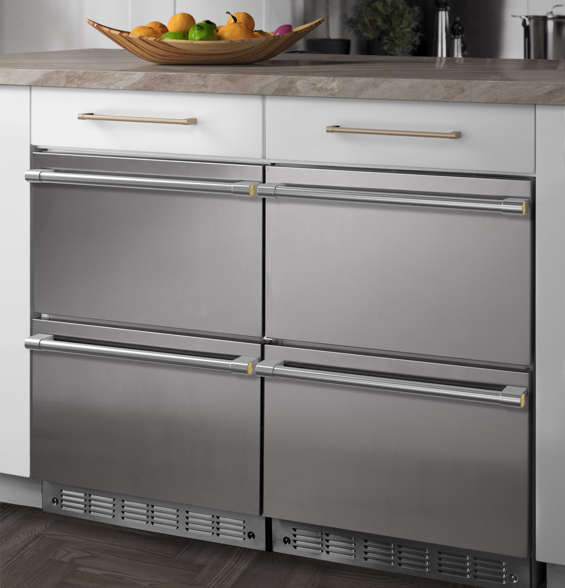 Built-in stainless steel double-drawer refrigerator integrated under countertop in kitchen appliances collection