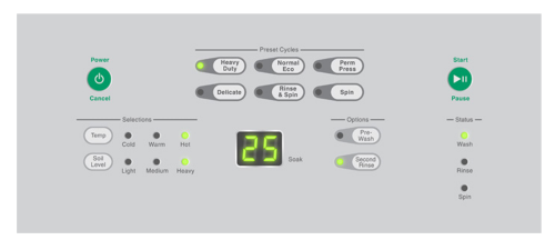 Control panel of an electronic top load washer with multiple cycle options and digital timer display from washers collection