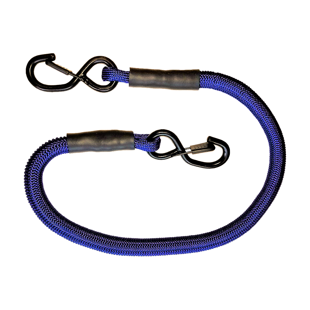 Blue 24-inch heavy-duty stretch cord with metal hooks for cargo tie-downs in automotive and towing accessories