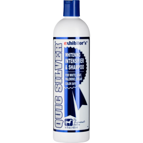 White bottle of Quic Silver whitening shampoo with blue cap and label designed for color-safe equine use