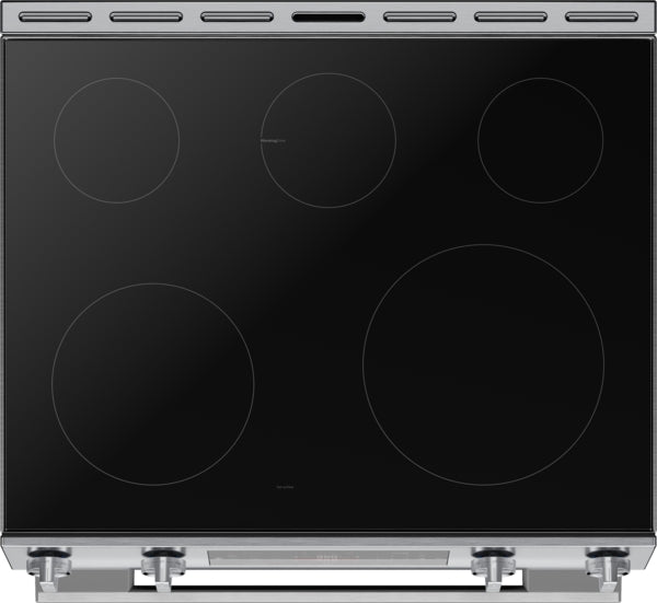 Top view of black electric freestanding range with five burner outlines and stainless steel control knobs in kitchen appliance setting