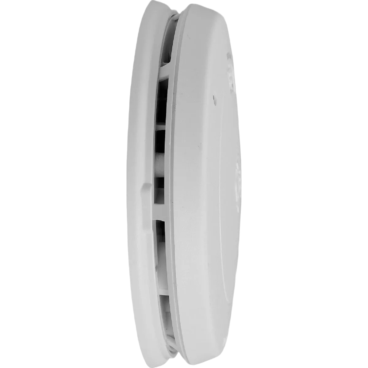 Side profile of a white photoelectric smoke detector with vents for air flow and safety monitoring features
